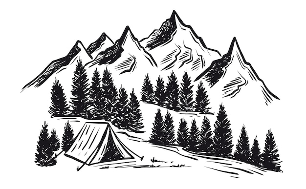 Bosquejo Camping en la naturaleza establece ilustraciones de vectores de paisaje de montaña