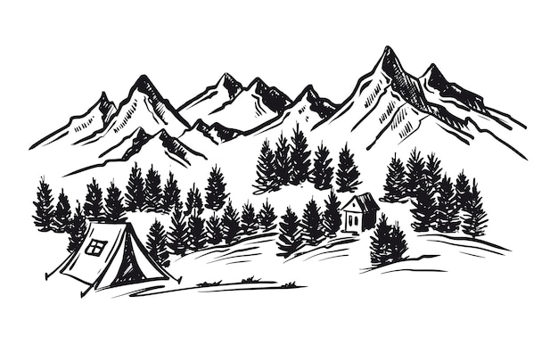 Bosquejo Camping en la naturaleza establece ilustraciones de vectores de paisaje de montaña