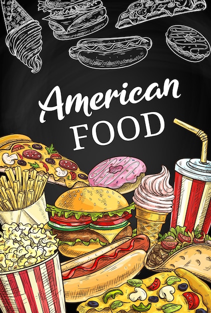 Vector bosquejo de cartel de comida rápida americana comida para llevar