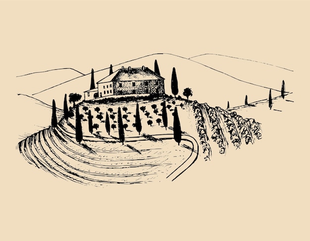 Bosquejo de la casa de los campesinos de villa en campos y colinas ilustración de paisaje rural de vector con granja granja mediterránea dibujada a mano para tarjeta de póster, etc.