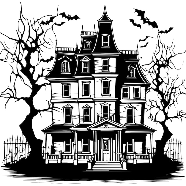 Bosquejo de la casa de miedo de halloween con árbol y murciélagos ilustración de fondo de vector de bosquejo dibujado a mano para