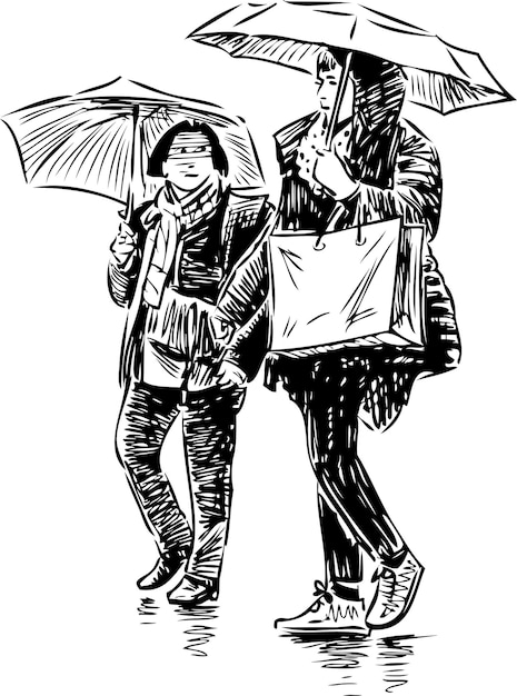 Bosquejo de las chicas bajo la lluvia