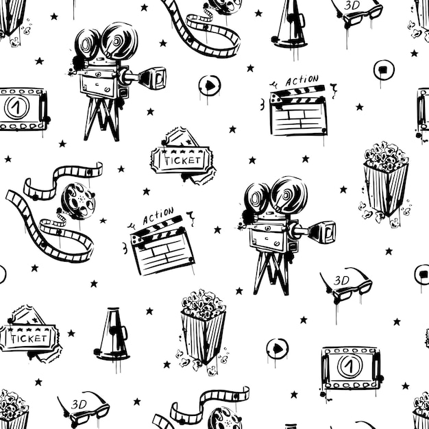 El bosquejo del cine es un patrón sin costuras sobre un fondo blanco aislado Palomitas de maíz de cámara de película vintage
