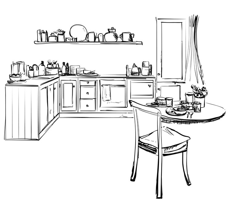 Bosquejo de la cocina de la esquina moderna Líneas de lápiz negro sobre fondo blanco Mesa de comedor