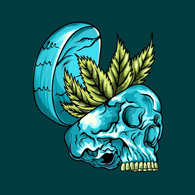 Bosquejo colorido del cráneo de la muerte dibujado a mano con cannabis en su interior