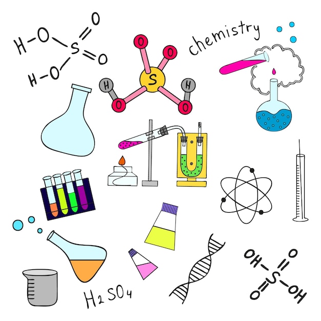 Bosquejo colorido de elementos de doddle de ciencia