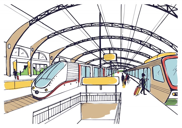 Bosquejo colorido con la estación de tren. Dibujado a mano ilustración con modernos trenes rápidos y pasajeros.