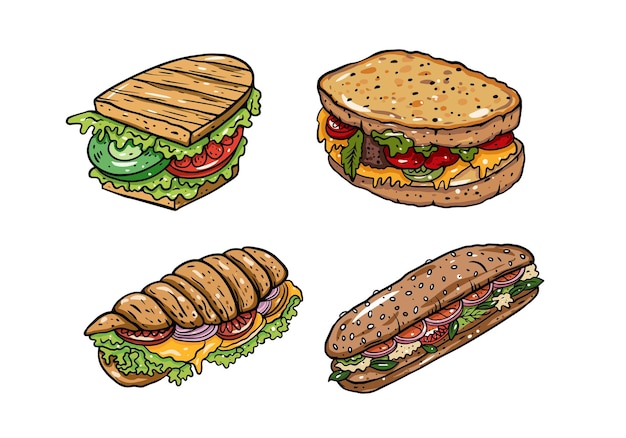 Bosquejo colorido Sándwiches conjunto Ilustración de vector dibujado a mano