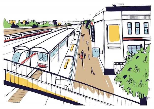 Bosquejo colorido vista superior de la estación de tren, plataformas con pasajeros. Dibujado a mano ilustración.
