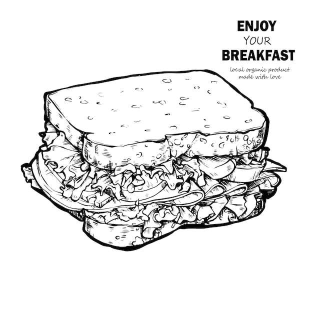 Bosquejo de comida dibujado a mano de sándwich tostado clubsandwiches Ilustraciones vintage en blanco y negro