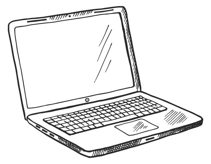 Vector bosquejo de la computadora portátil computadora abierta con pantalla en blanco en estilo dibujado a mano