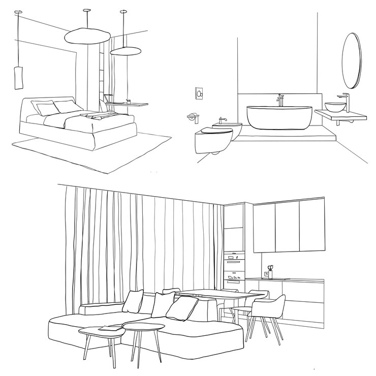 Bosquejo de un conjunto de diseño de apartamento interior