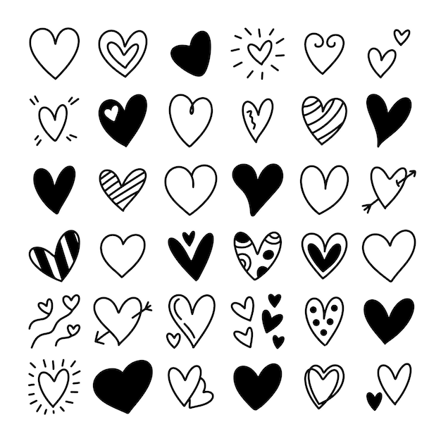 Vector bosquejo de corazones de garabato establece diferente símbolo de colección de amor de icono de corazón dibujado a mano para el día de san valentín