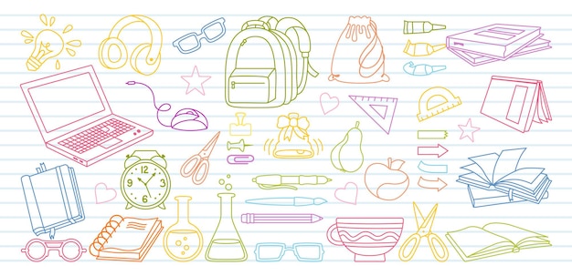 Bosquejo en el cuaderno regreso a la escuela conjunto de dibujos animados de doodle línea escolar de aprendizaje primer día de equipo escolar equipo de iconos de concepto de educación tijeras laptop gafas libro mochila pinturas esquema