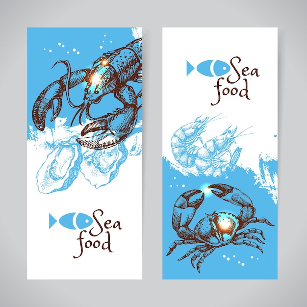 Bosquejo dibujado a mano mariscos vector banners Mar fondo conjunto Diseño de menú