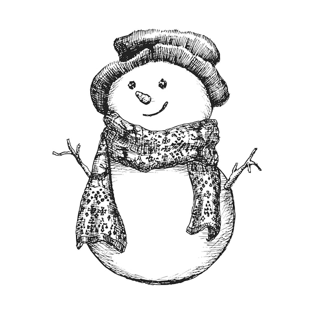 Bosquejo dibujado muñeco de nieve en vector símbolo de Navidad