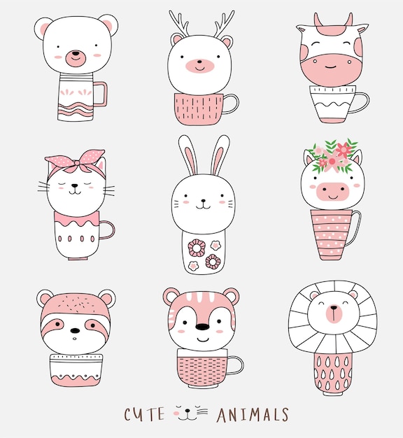 Bosquejo de dibujos animados lindo animalito con taza