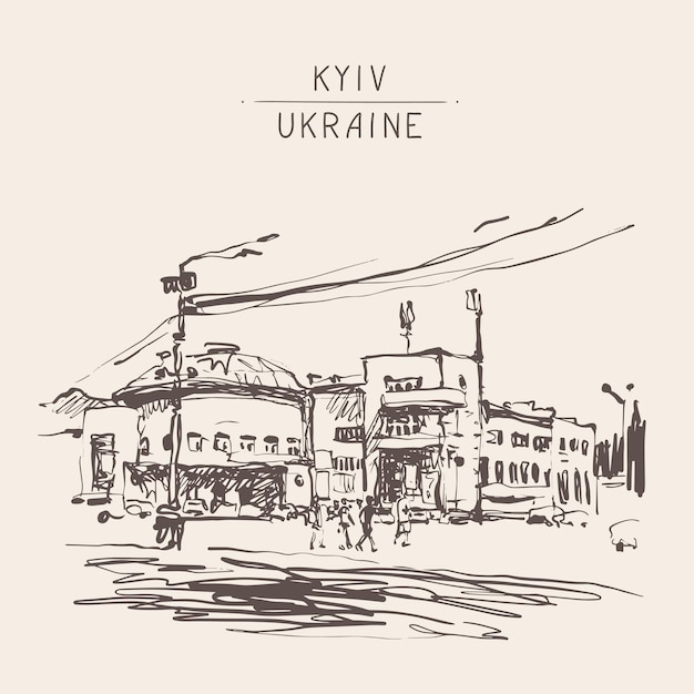 Bosquejo digital blanco y negro original del dibujo pleinair del paisaje de la ciudad de Kiev Ucrania