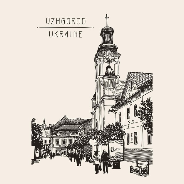 Bosquejo digital del paisaje urbano de Uzhgorod, Ucrania, el paisaje de la ciudad y la gente caminando