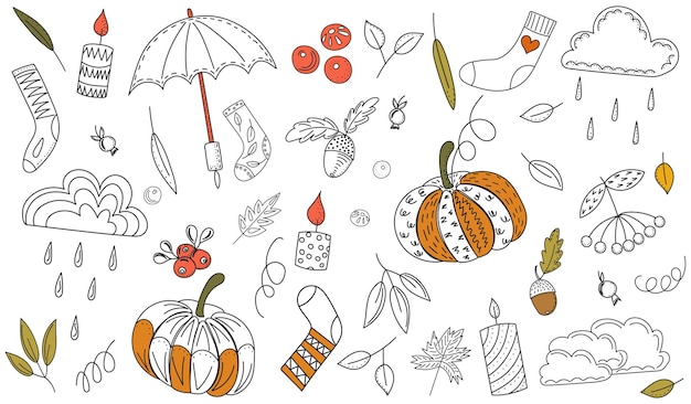 Bosquejo del doodle del conjunto del otoño en el vector aislado del fondo blanco