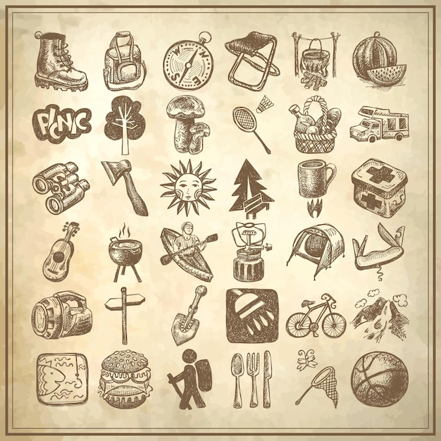Bosquejo doodle icono colección picnic viaje y camping tema sobre fondo grunge