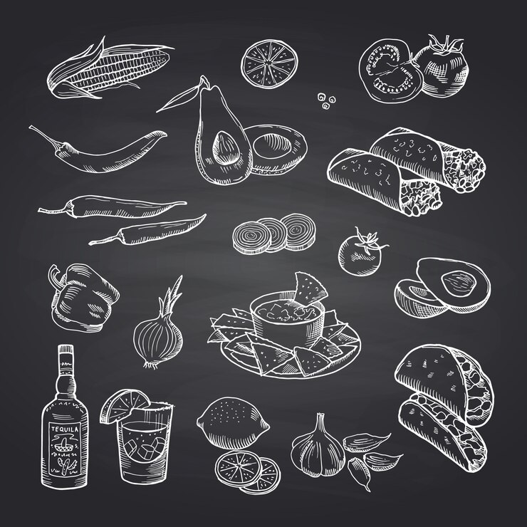 Vector bosquejó elementos de comida mexicana en pizarra negra