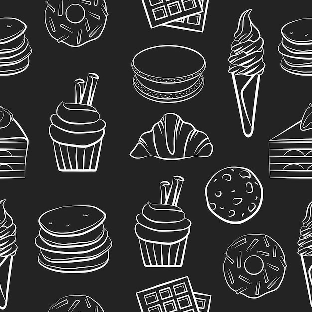 Bosquejo del esquema de alimentos dulces dibujo plantilla de patrones sin fisuras aislado vector sabroso cocina fondo simple garabato pizarra negra Galletas donut pastel panqueques croissant helado muffin