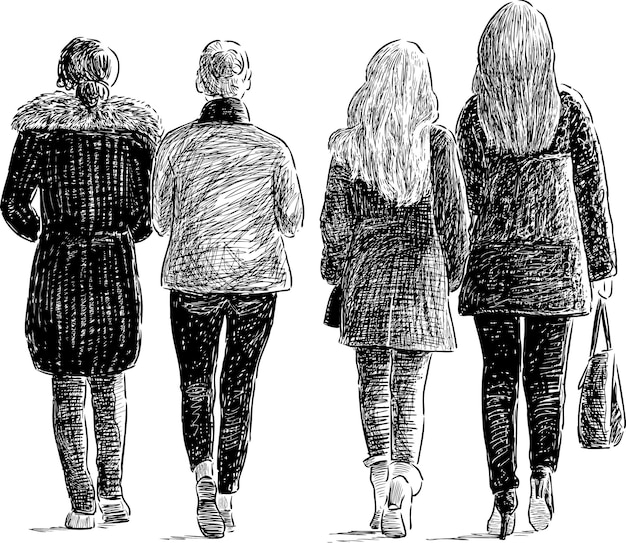 Bosquejo de estudiantes niñas caminando por la calle
