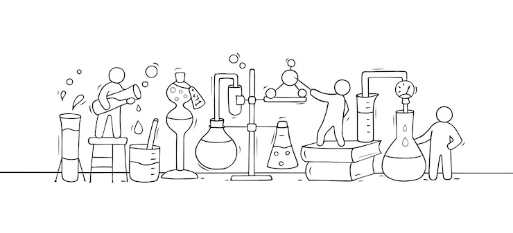 Vector bosquejo del experimento químico con gente pequeña trabajadora, vaso de precipitados. doodle linda miniatura de trabajo en equipo e investigación de materiales. ilustración de vector de dibujos animados dibujados a mano para biología y química.