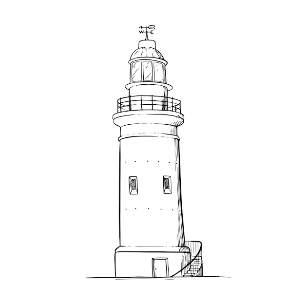 Bosquejo del faro. baliza con un haz de luz. ilustración de vector aislado en fondo blanco