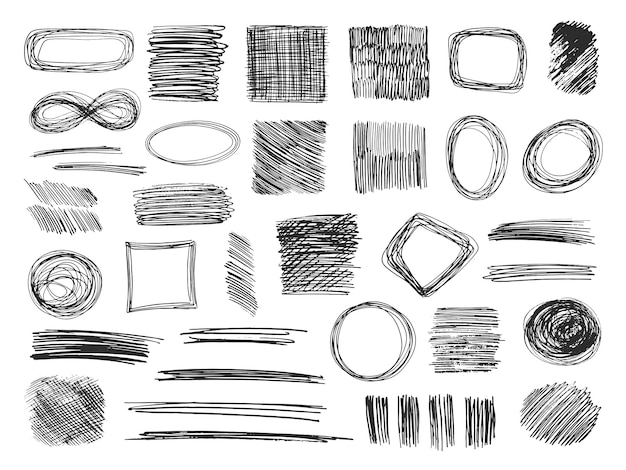 Bosquejo de formas. Marcos de garabatos dibujados a mano. Garabatos a lápiz. Conjunto isolotado de texturas bosquejadas