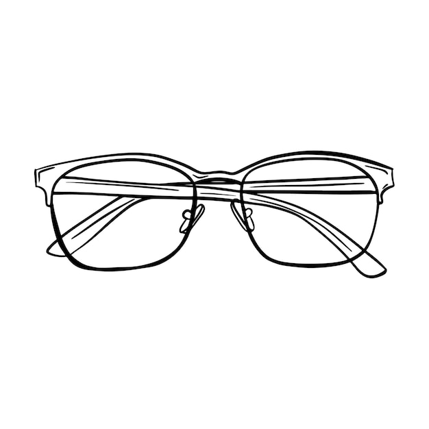Bosquejo de gafas ópticas. Gafas con lentes transparentes con brazos cruzados. Dibujado a mano negro blanco