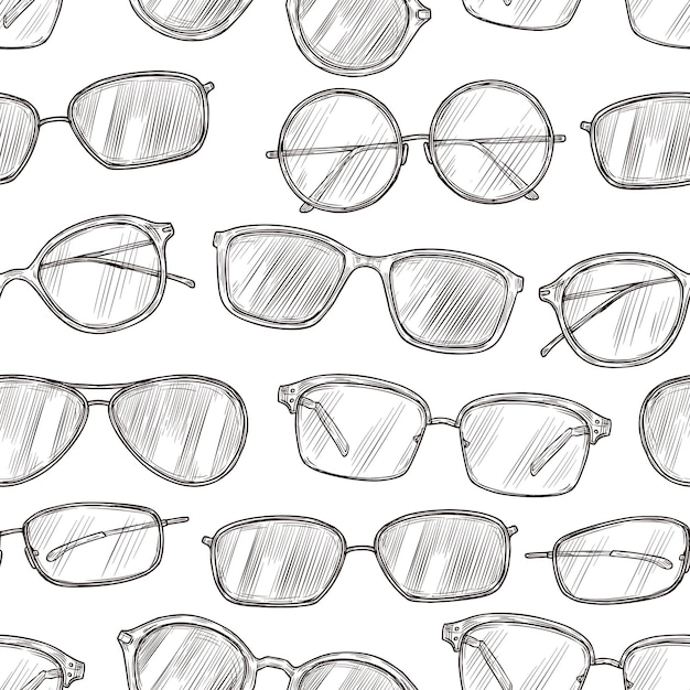 Bosquejo de gafas de sol de patrones sin fisuras. gafas de playa dibujadas a mano textura vector retro de los años 80. ilustración de gafas de sol y patrón de dibujo de gafas