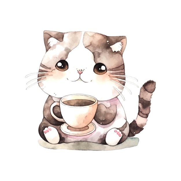 Bosquejo gato con taza de café acuarela para diseño de impresión plantilla fondo banner tarjeta cartel coche