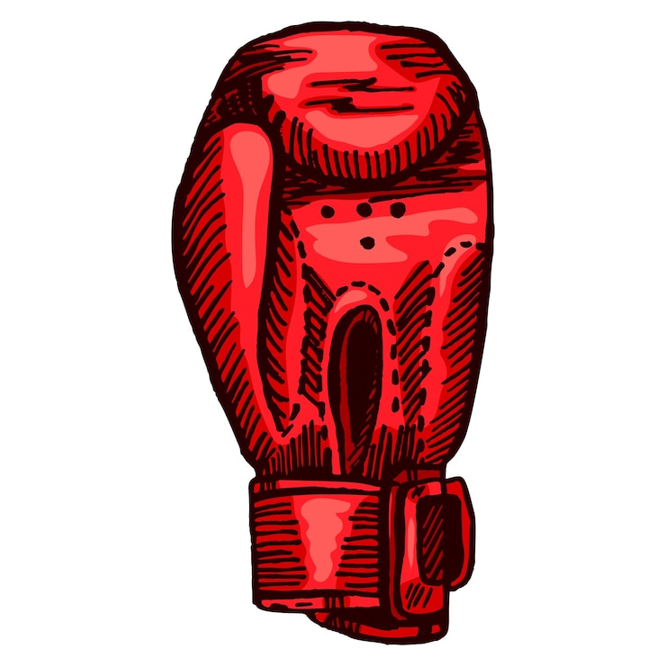 Vector bosquejo de guante de boxeo rojo en fondo blanco aislado equipo deportivo vintage para kickboxing en estilo grabado