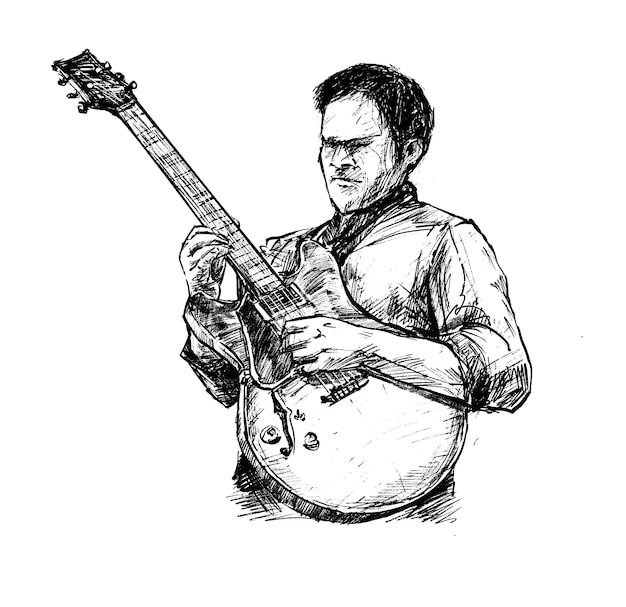 Bosquejo de la guitarra jazz man mano dibujar
