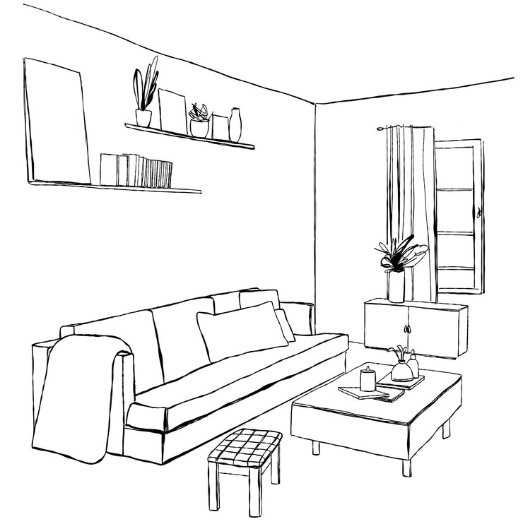 Bosquejo de la habitación interior moderna Muebles dibujados a mano