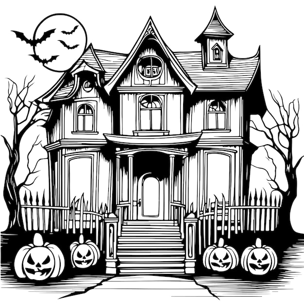 Bosquejo de halloween espeluznante casa antigua con temibles árboles y murciélagos ilustración para su diseño