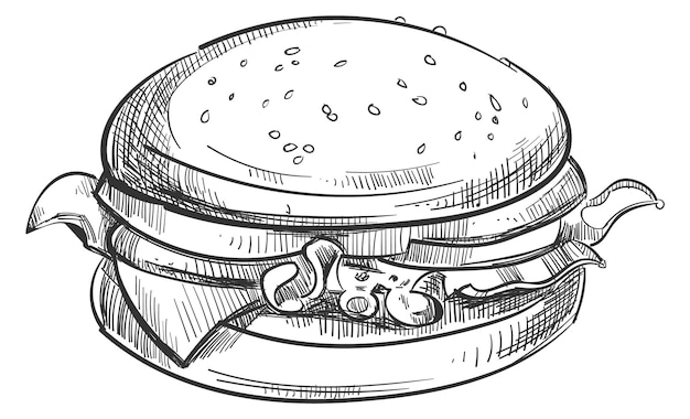 Vector bosquejo de hamburguesa hamburguesa dibujada a mano grabado de comida rápida