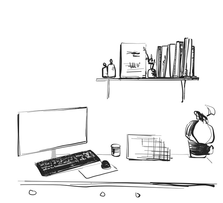 Bosquejo del interior de la planta en maceta de la silla del ordenador del escritorio de la oficina del espacio de trabajo