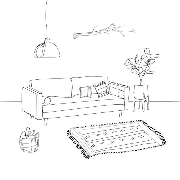Bosquejo interior de la sala de estar para el diseño de estilo de vida minimalismo styledoodle ilustración vectorial