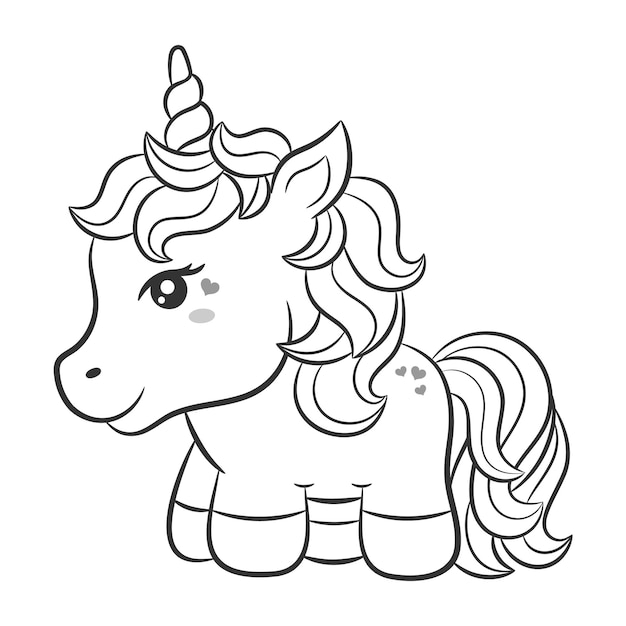 Bosquejo lindo de la etiqueta engomada del dibujo del unicornio para colorear