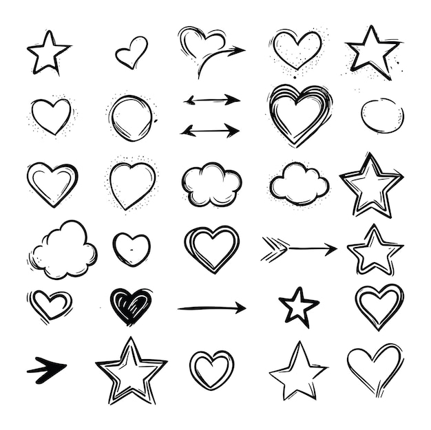 Bosquejo línea flecha elemento estrella forma de corazón Dibujado a mano doodle bosquejo estilo círculo nube discurso