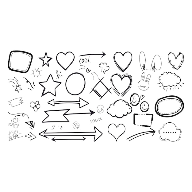 Bosquejo línea flecha elemento estrella forma de corazón Dibujado a mano doodle bosquejo estilo círculo nube discurso