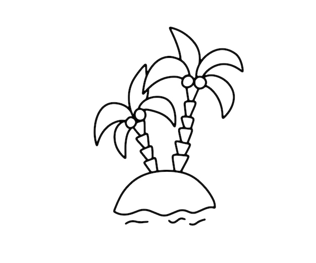 Bosquejo de línea de isla en el mar con palmeras Ilustración de vector de garabato lindo aislado sobre fondo blanco