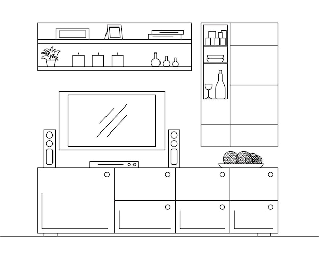 Bosquejo lineal del interior Tocador de librería con TV y estantes Bosquejo lineal del interior en un estilo moderno