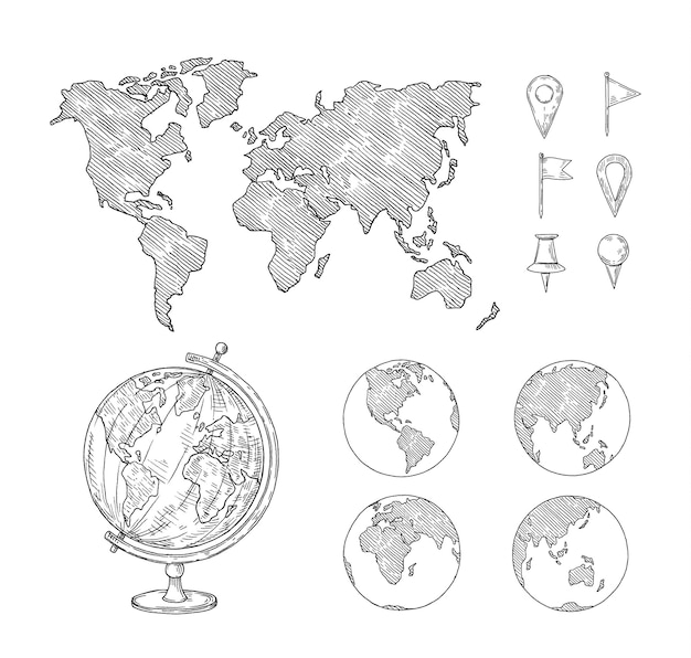 Vector bosquejo de mapas de globo tierras dibujadas a mano doodle mapa del mundo con continentes y océanos conjunto de ilustración de vector de geografía