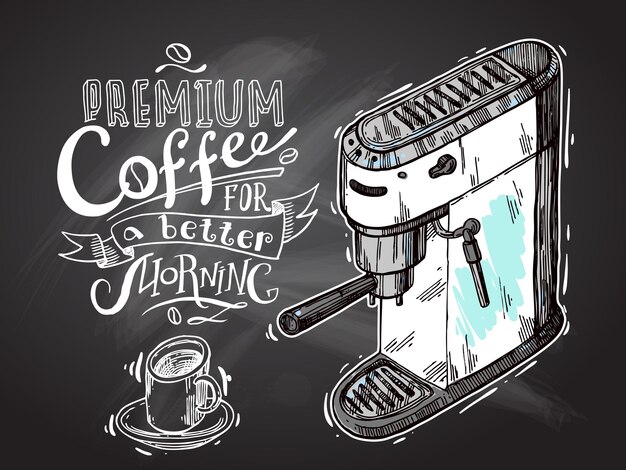 Bosquejo de la máquina de café Ilustración vectorial dibujada a mano Café premium para una mañana mejor