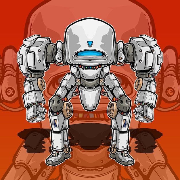 Vector bosquejo militar futurista mecha robot construido por cabeza brazo cuerpo pierna arma ilustración