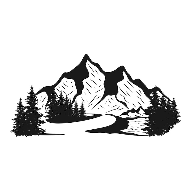 Bosquejo de montañas montaña y bosque de abetos estilo de arte de línea dibujado a mano ilustración vectorial